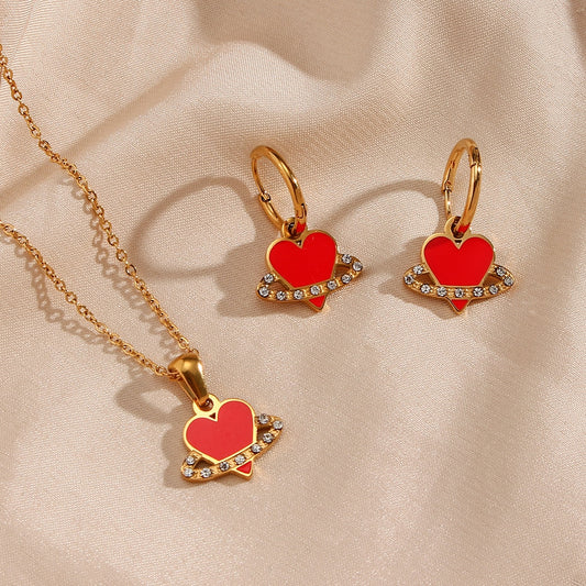 Red Heart Charm Necklace Set